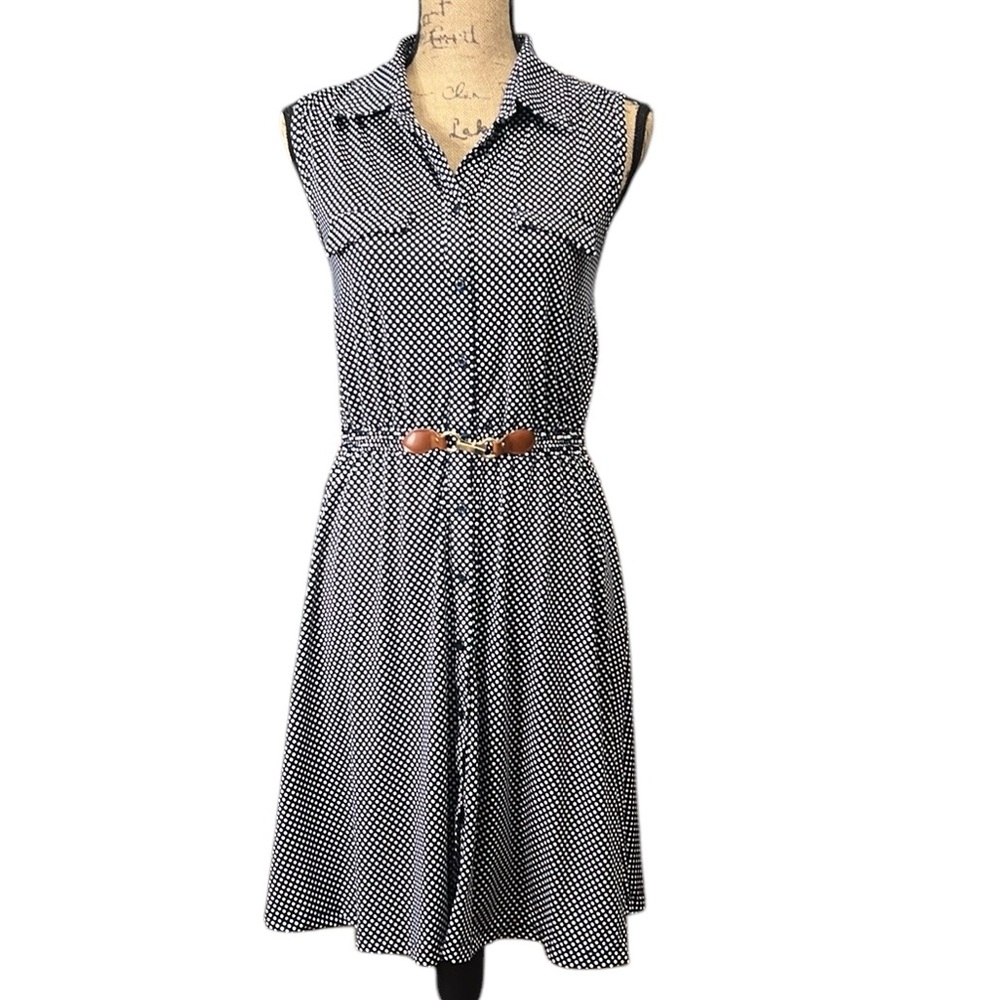 Indigo Rose EC. Navy blue and white polka dot buttoned up dress. Size medium